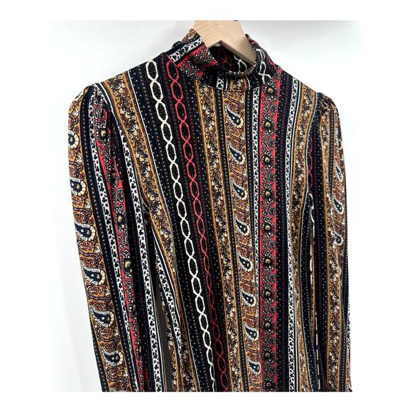 Free People Donatella Turtleneck XS Tie Sleeve Black Gold Red Floral Paisley - Picture 3 of 10